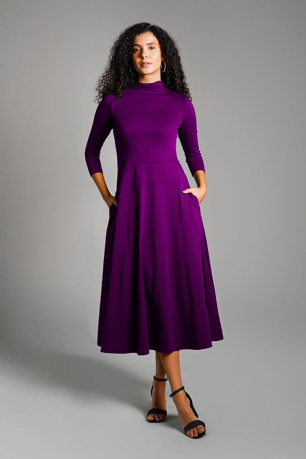 Purple High Neck Jersey Knit A-Line Dress Purple High Neck Jersey Knit A-Line Dress