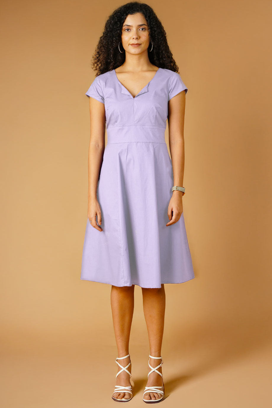 women's lavender midi dress Cute Lavender Dress - Purple Ruffled Dress - Button-Up Midi Dress