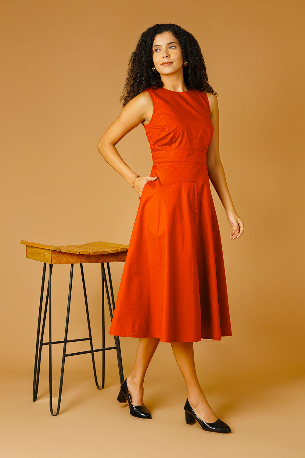 red orange midi dress In Loom Satin Smocked Midi Dress