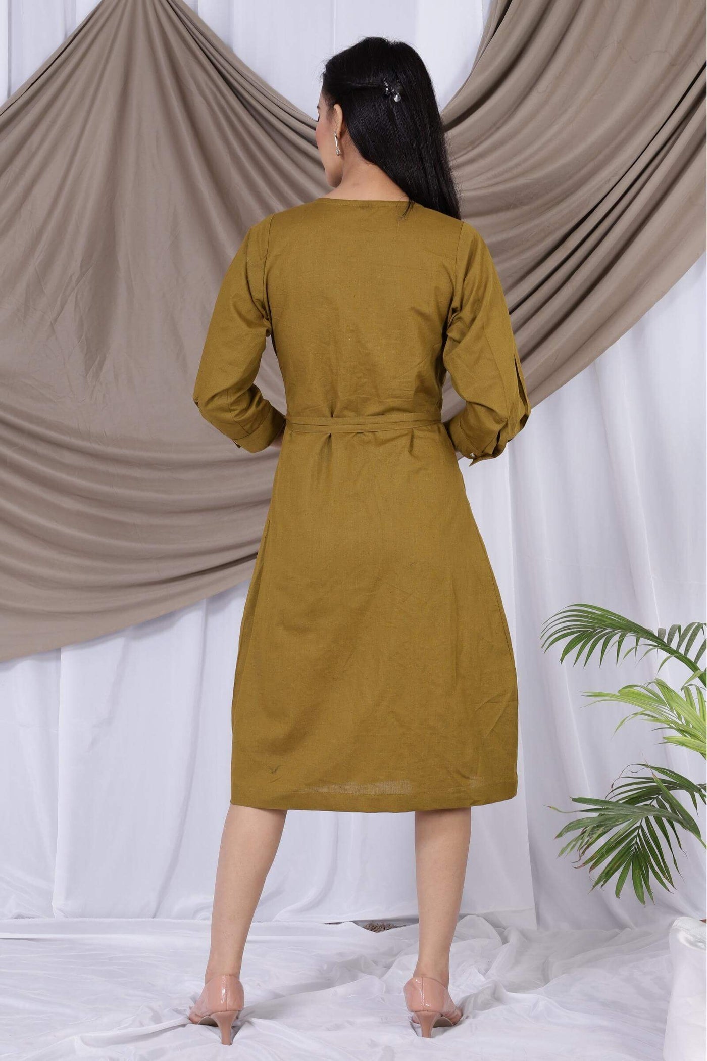 Cotton Linen Midi Green Dress