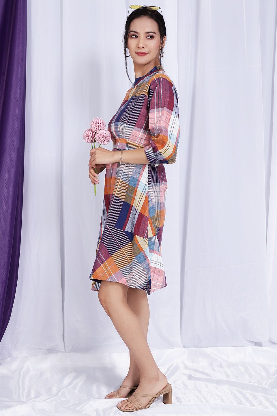 Cotton Linen Mini Multicolored Dress