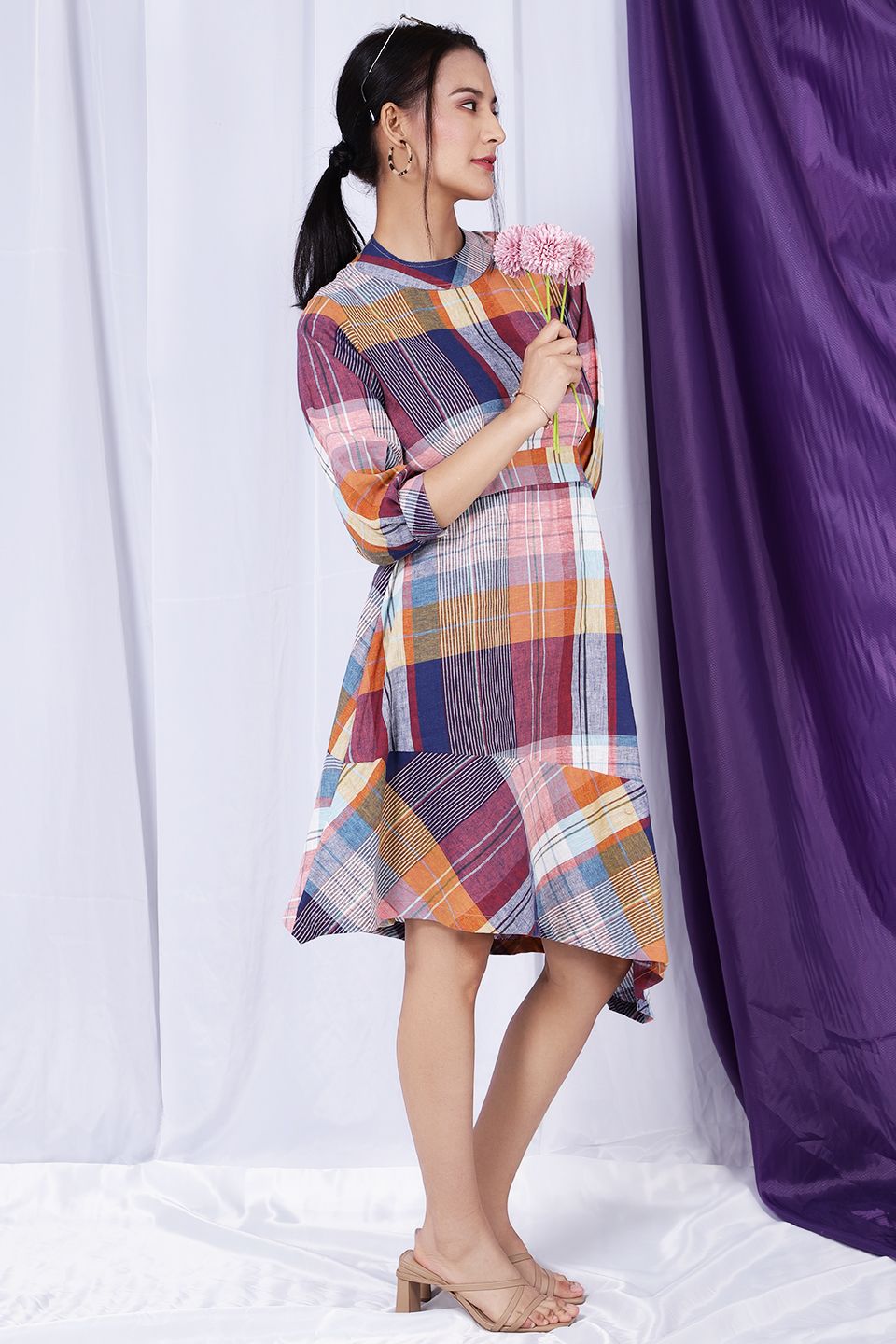 Cotton Linen Mini Multicolored Dress