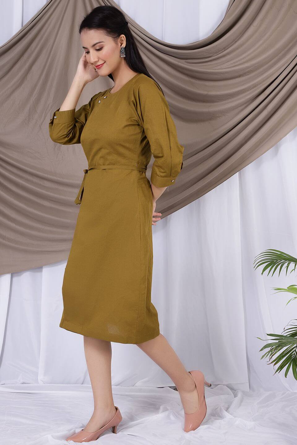 Cotton Linen Midi Green Dress