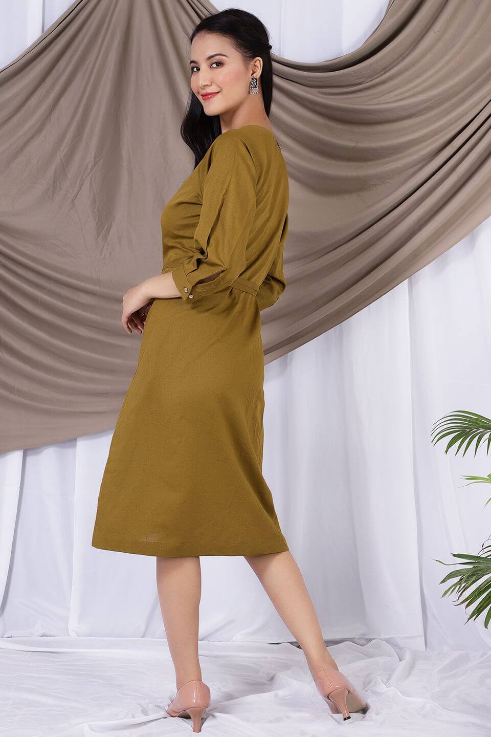 Cotton Linen Midi Green Dress