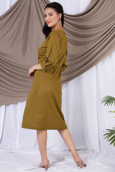 Cotton Linen Midi Green Dress