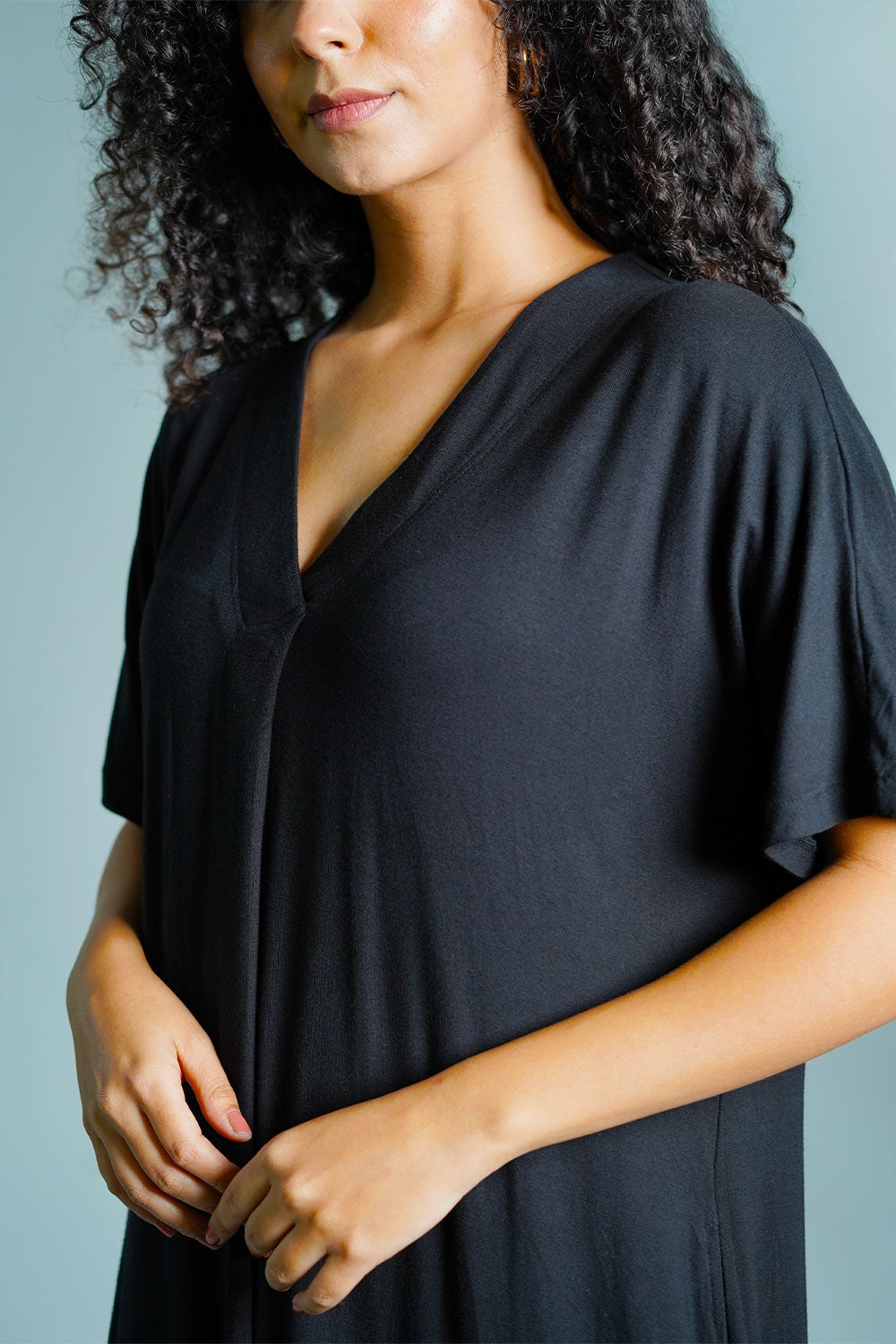 Dolman Sleeve Black Jersey Knit Shift Dress