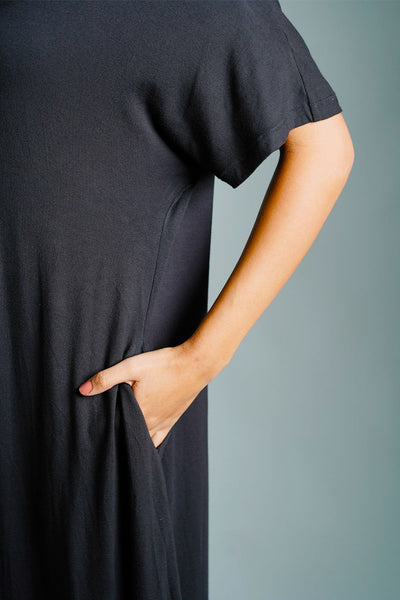 Dolman Sleeve Black Jersey Knit Shift Dress