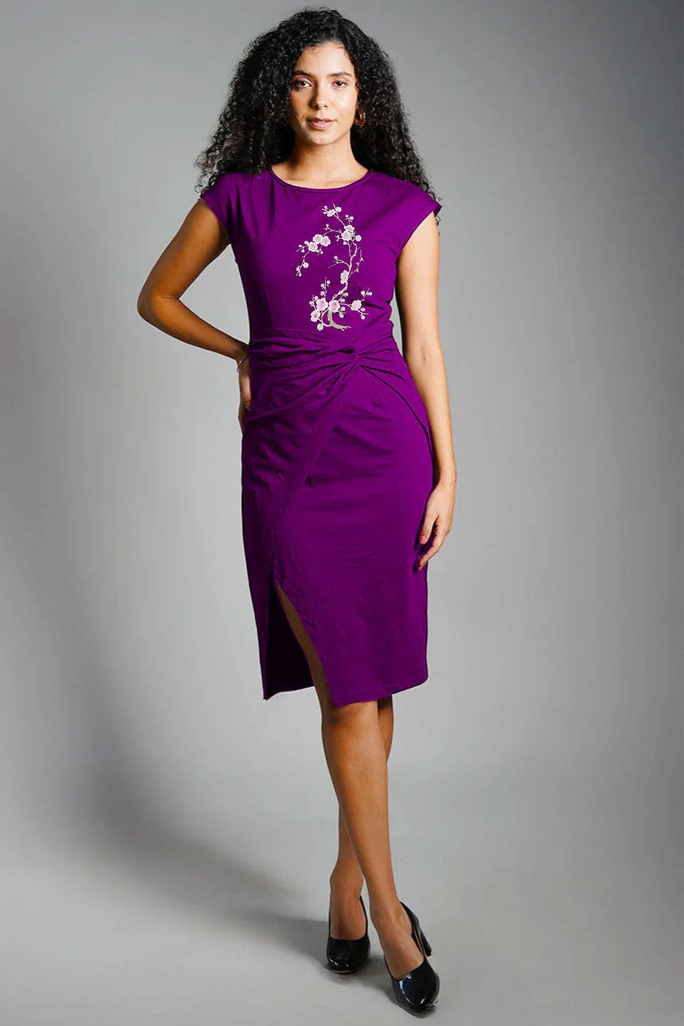 Twist Waist Purple Cotton Embroidery Jersey Sheath Dress Twist Waist Purple Cotton Embroidery Jersey Sheath Dress