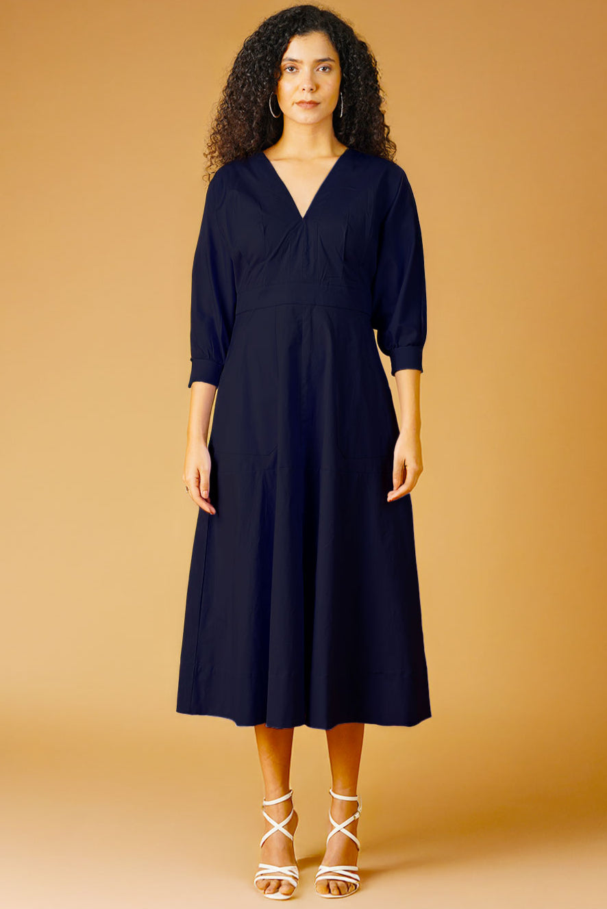 Poplin Navy Midi Dress