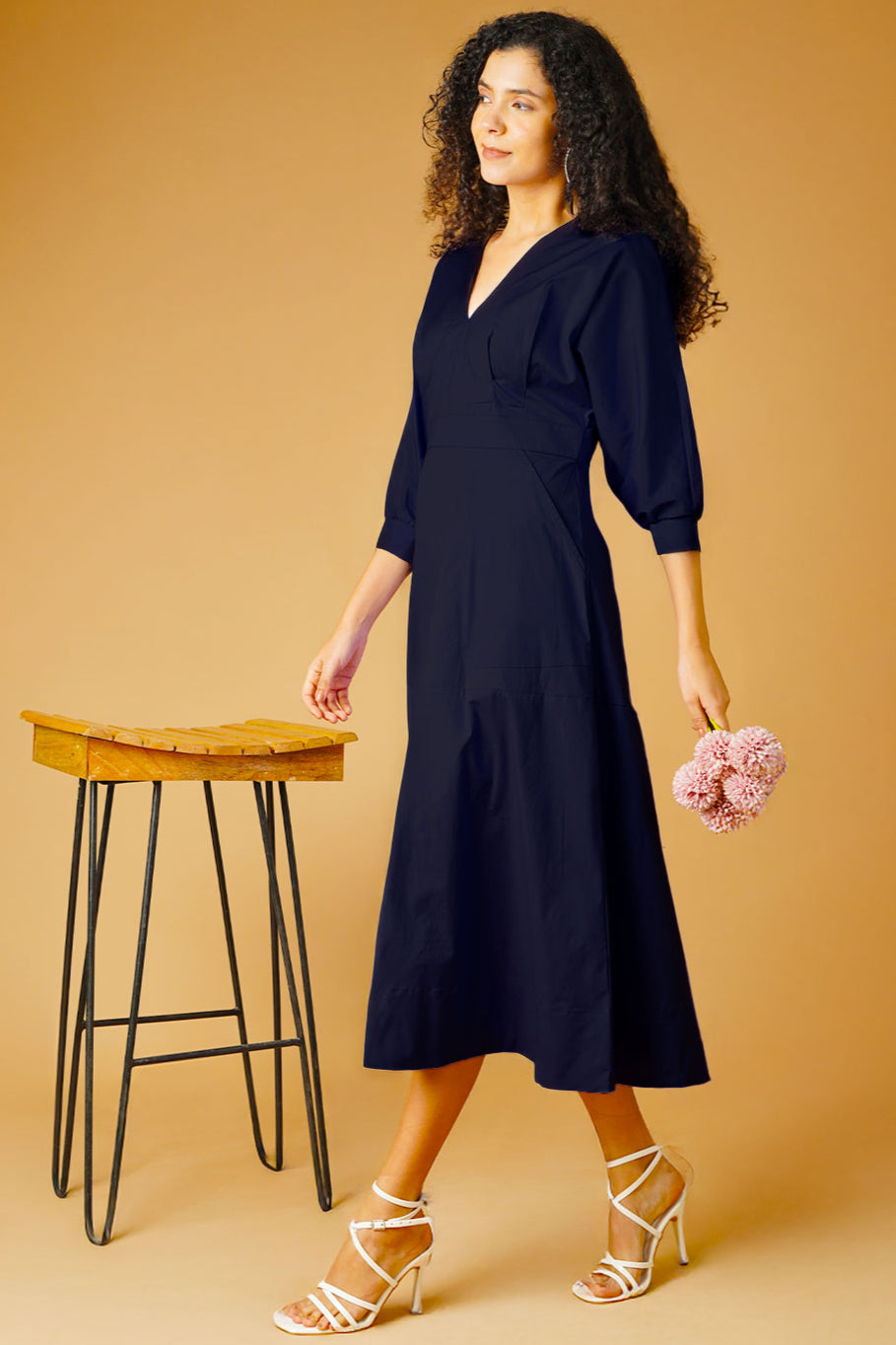 Poplin Navy Midi Dress
