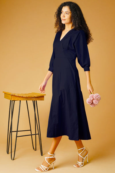 Poplin Navy Midi Dress