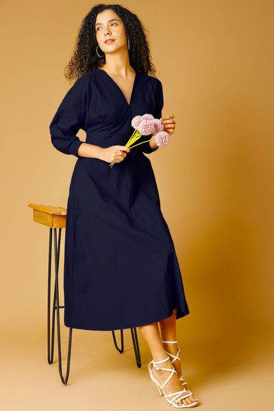 Poplin Navy Midi Dress