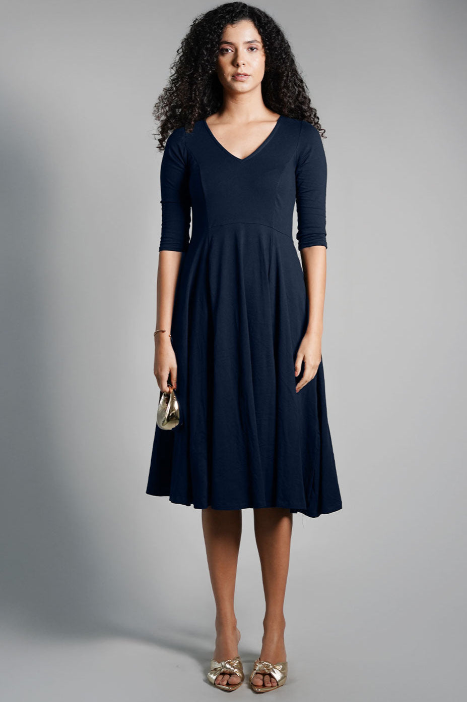 Navy Cotton Jersey Pleat Waist Dress