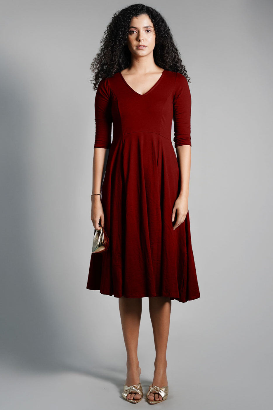 Maroon Cotton Jersey Pleat Waist Dress