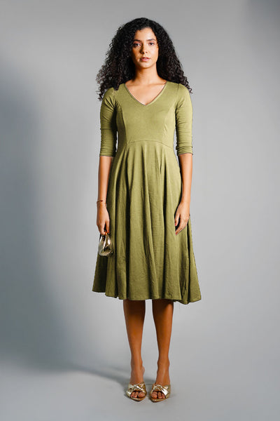 Olive Cotton Jersey Pleat Waist Dress