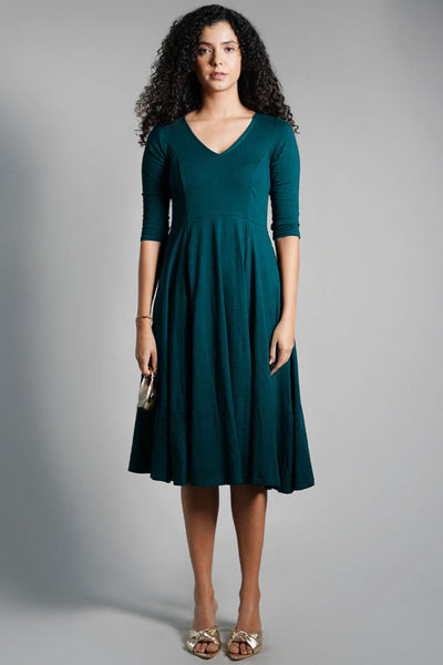 Teal Cotton Jersey Pleat Waist Dress
