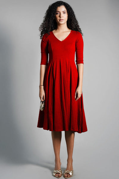 Red Cotton Jersey Fit And Flare Dress