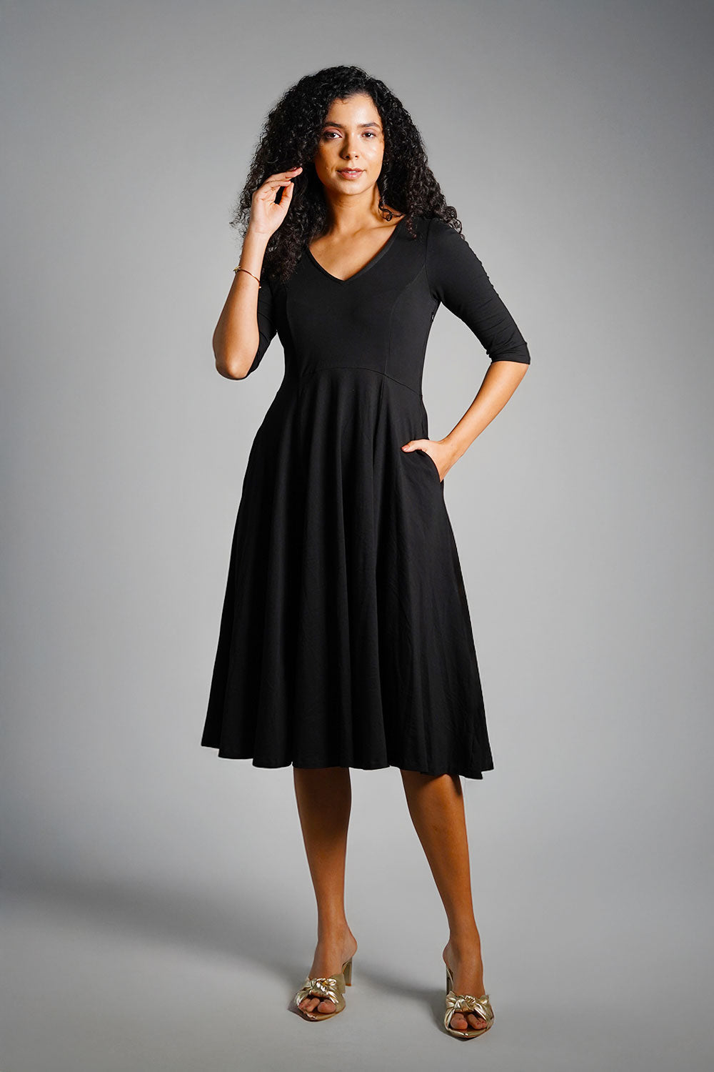Black Cotton Jersey Fit And Flare Dress
