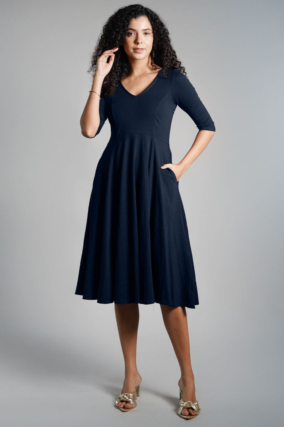 Navy Cotton Jersey Pleat Waist Dress