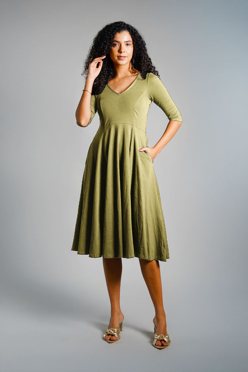Olive Cotton Jersey Pleat Waist Dress
