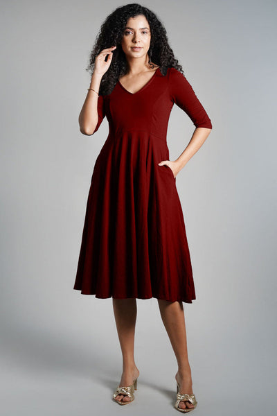 Maroon Cotton Jersey Pleat Waist Dress