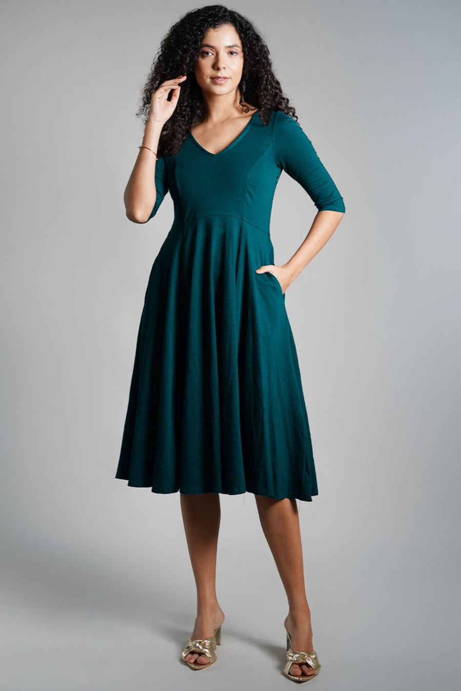 Teal Cotton Jersey Pleat Waist Dress