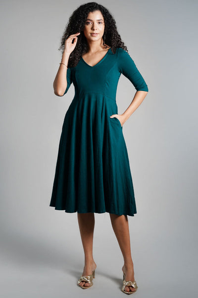 Teal Cotton Jersey Pleat Waist Dress