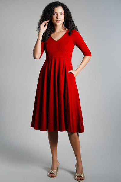 Red Cotton Jersey Fit And Flare Dress