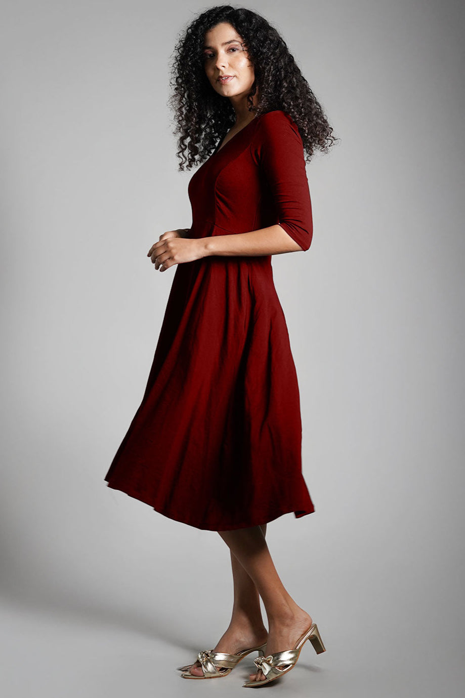 Maroon Cotton Jersey Pleat Waist Dress