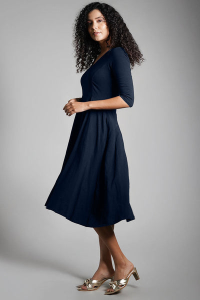 Navy Cotton Jersey Pleat Waist Dress