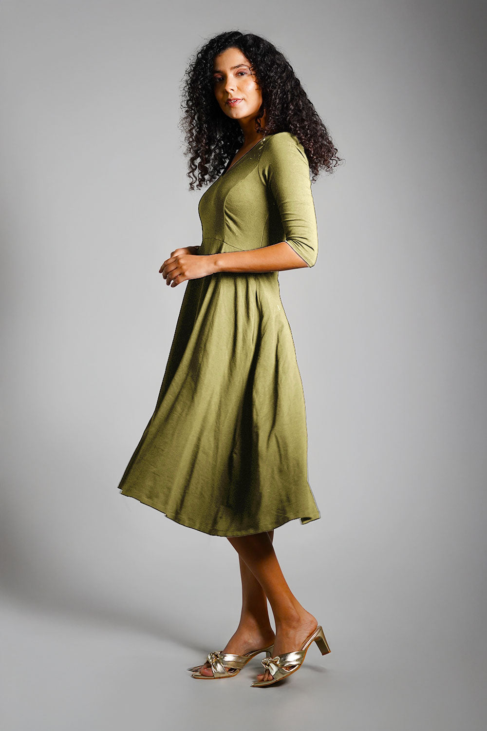 Olive Cotton Jersey Pleat Waist Dress
