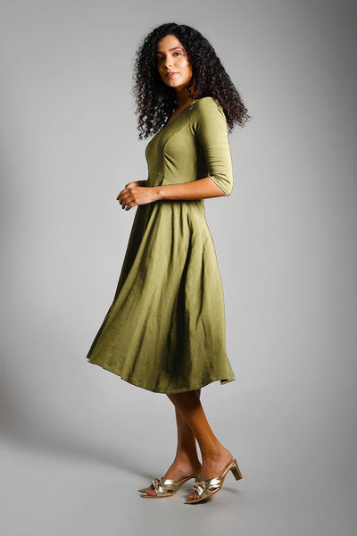 Olive Cotton Jersey Pleat Waist Dress