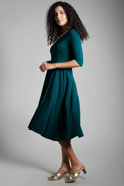 Teal Cotton Jersey Pleat Waist Dress