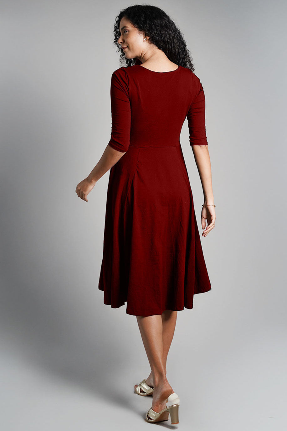 Maroon Cotton Jersey Pleat Waist Dress