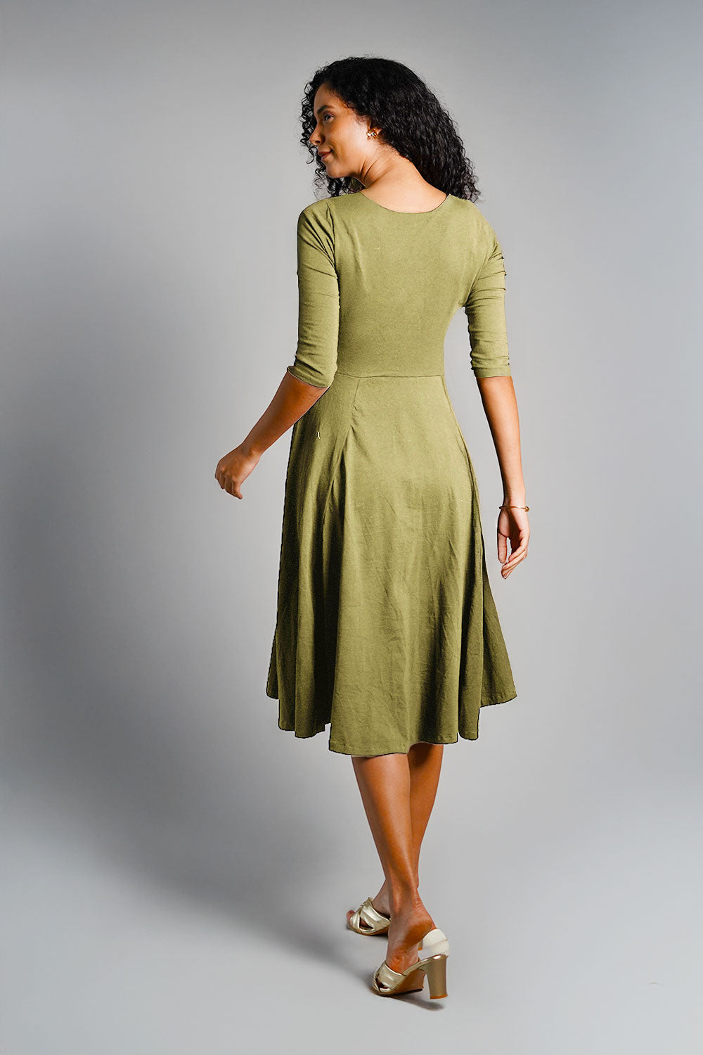 Olive Cotton Jersey Pleat Waist Dress