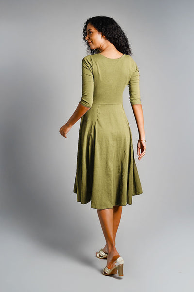 Olive Cotton Jersey Pleat Waist Dress
