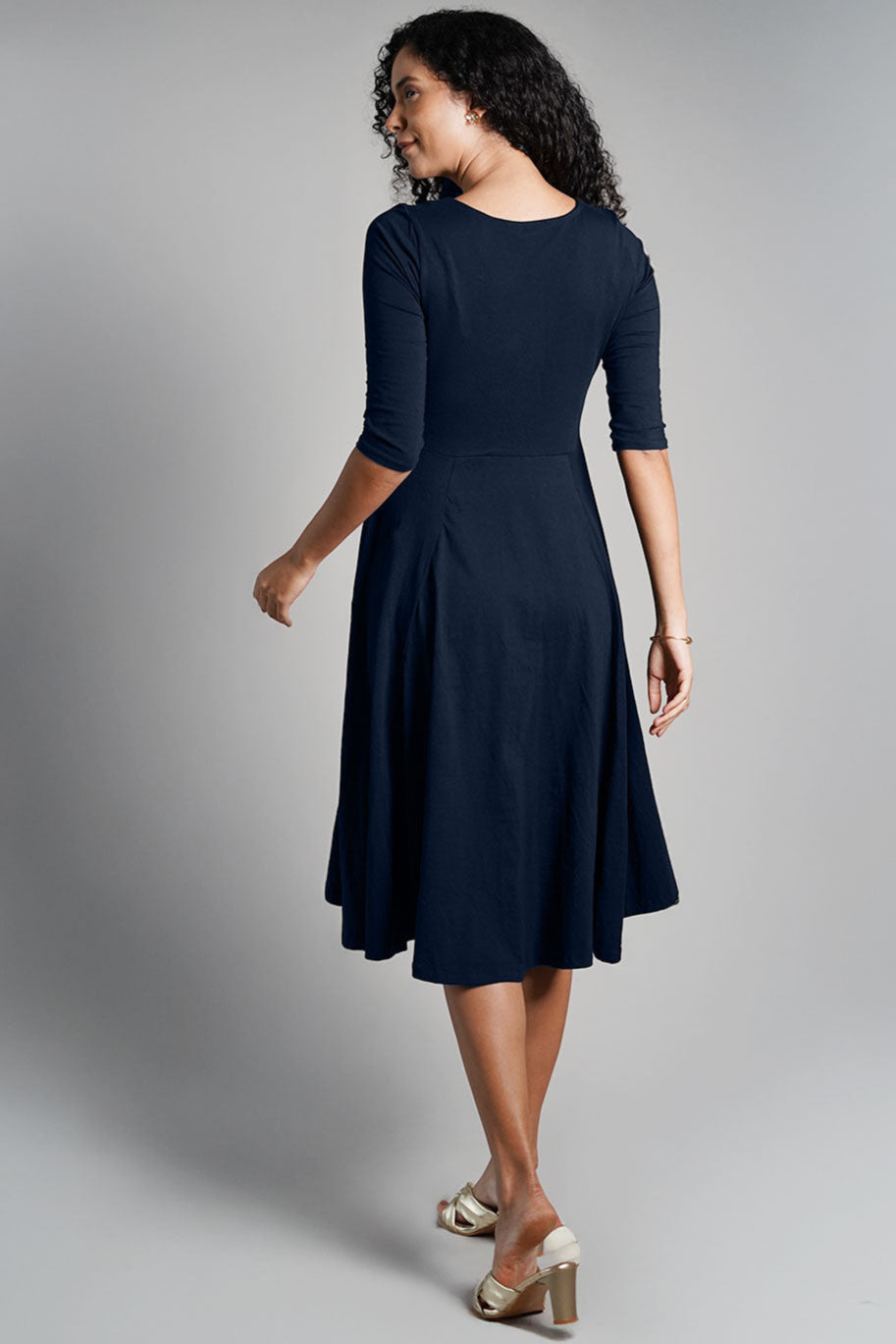 Navy Cotton Jersey Pleat Waist Dress