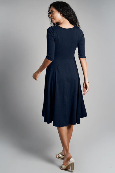 Navy Cotton Jersey Pleat Waist Dress
