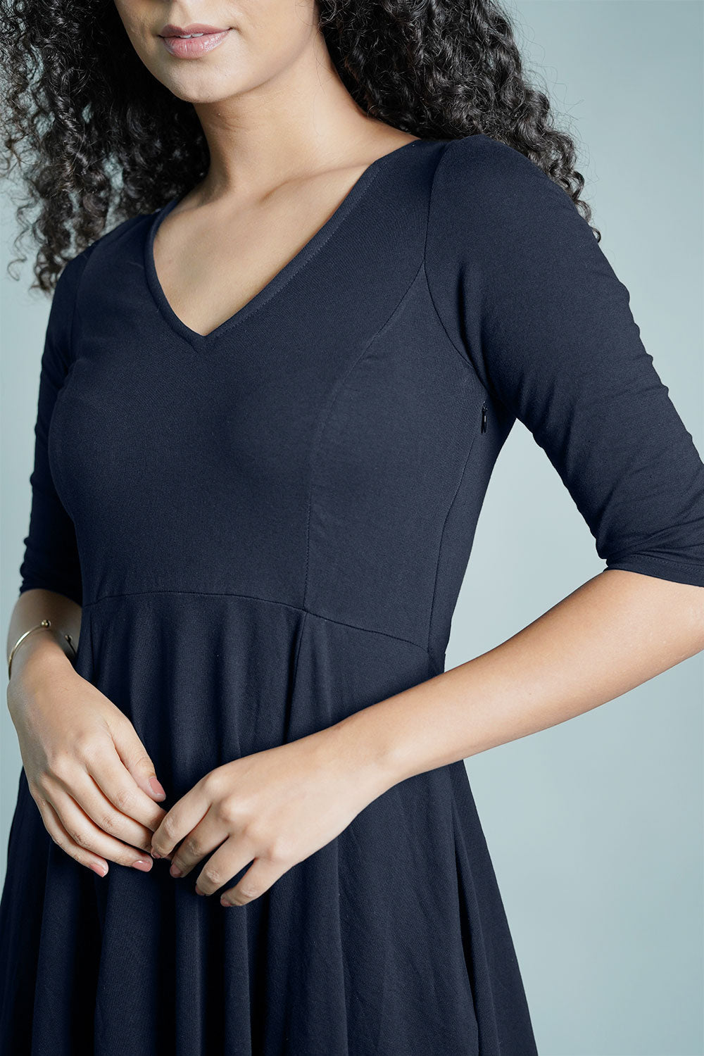 Navy Cotton Jersey Pleat Waist Dress