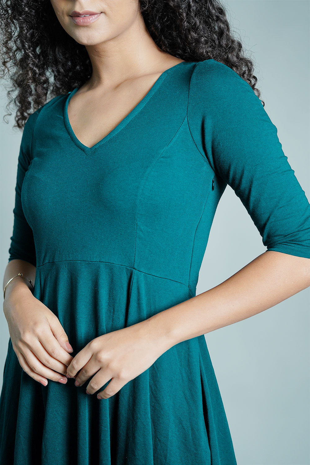 Teal Cotton Jersey Pleat Waist Dress