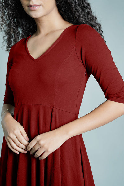 Maroon Cotton Jersey Pleat Waist Dress