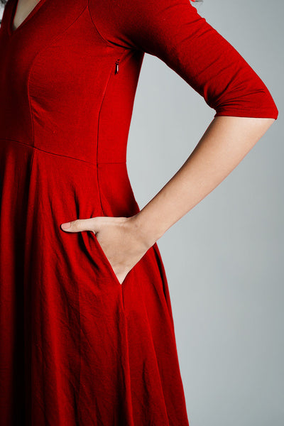 Red Cotton Jersey Fit And Flare Dress