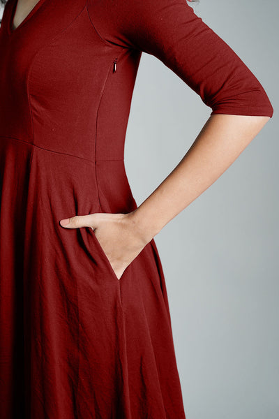 Maroon Cotton Jersey Pleat Waist Dress