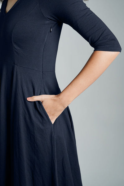 Navy Cotton Jersey Pleat Waist Dress