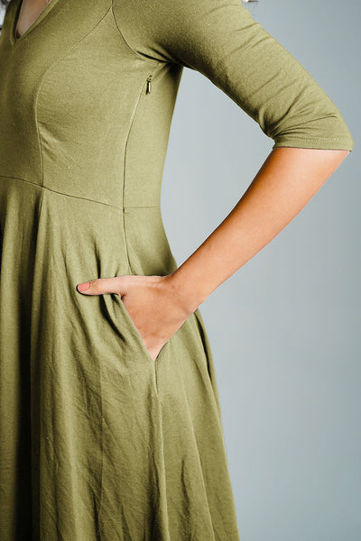 Olive Cotton Jersey Pleat Waist Dress