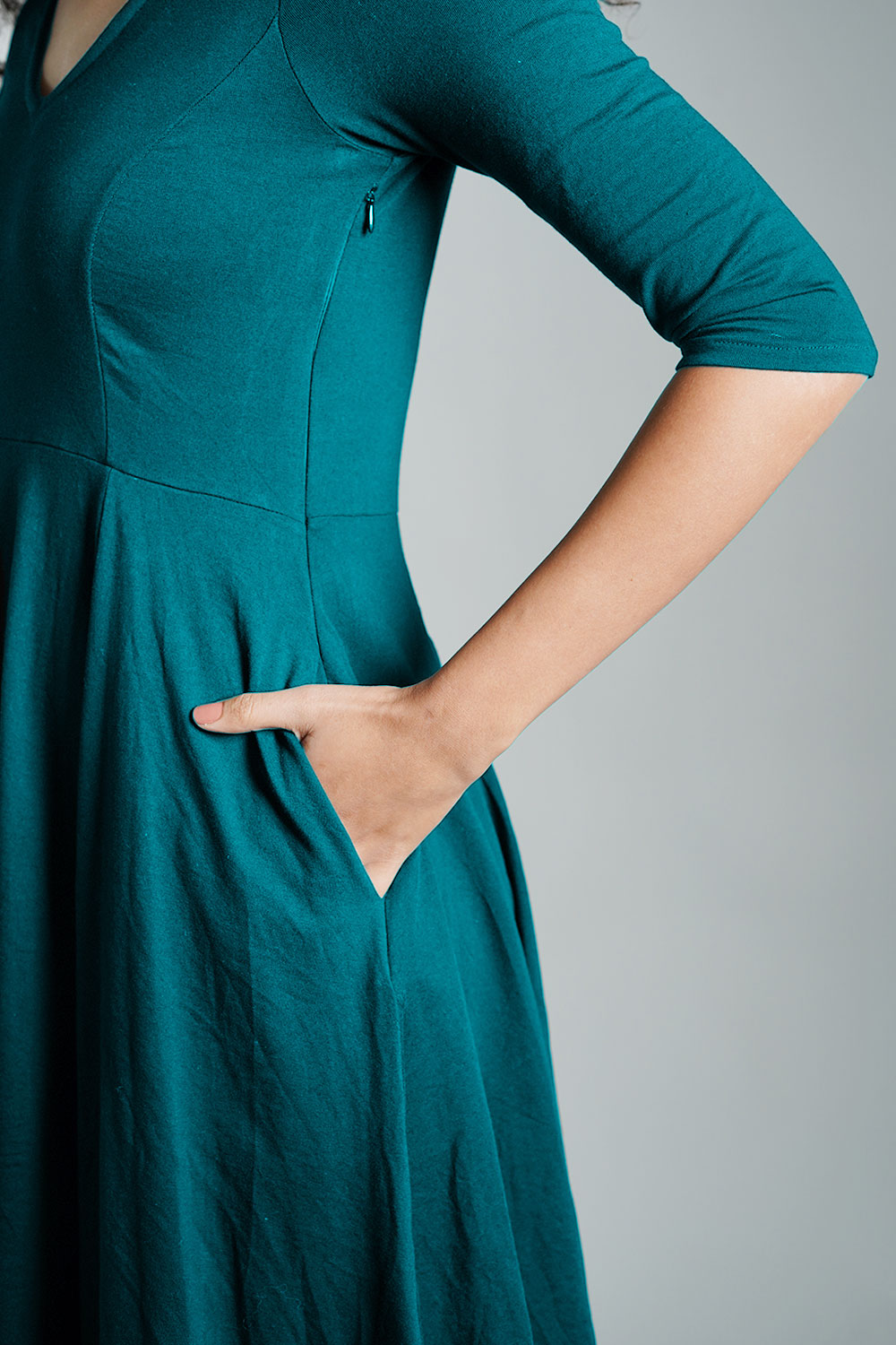 Teal Cotton Jersey Pleat Waist Dress