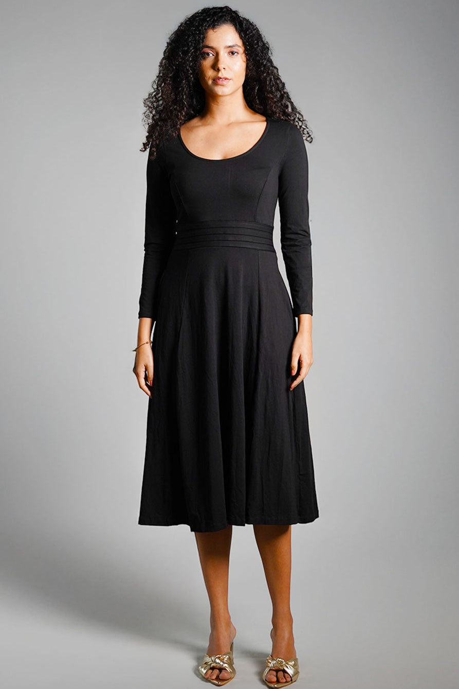 Black Cotton Jersey Pleat Waist Dress