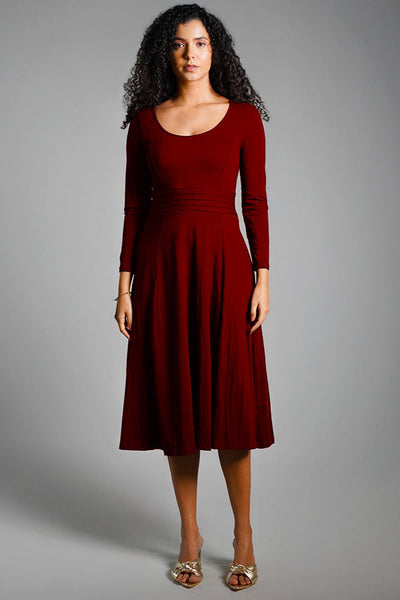 Maroon Cotton Jersey Pleat Waist Dress