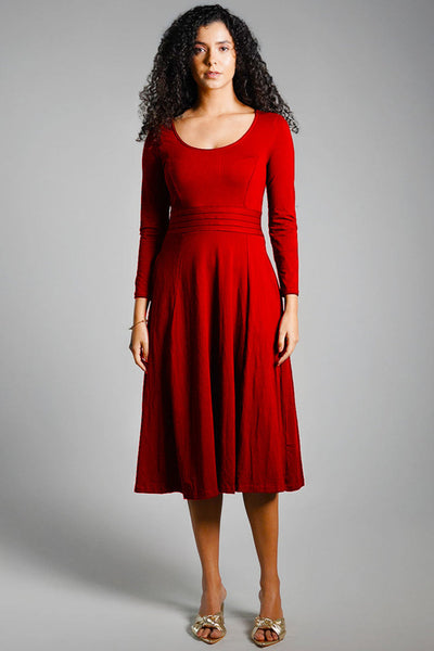 Red Cotton Jersey Pleat Waist Dress