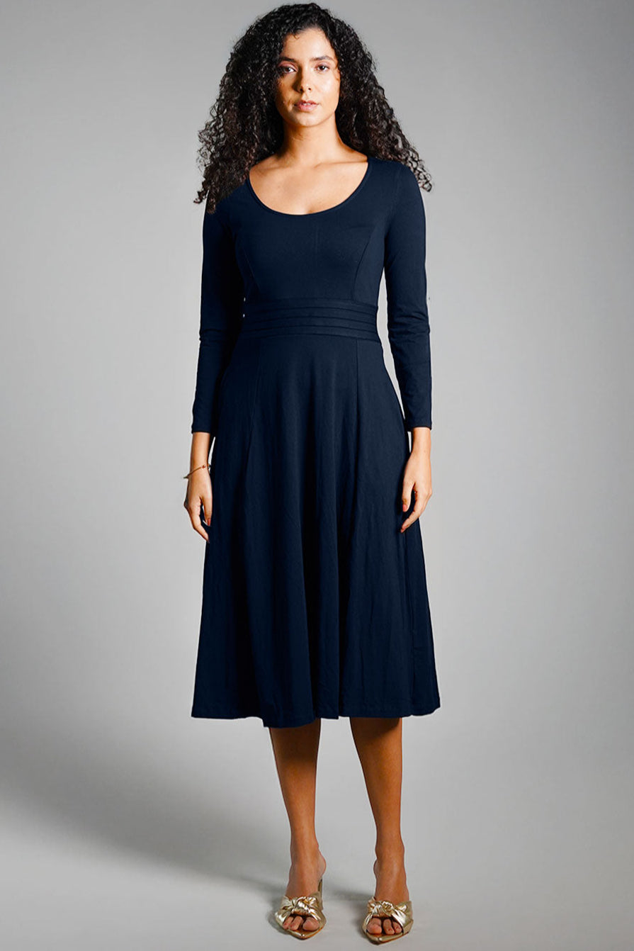 Navy Cotton Jersey Pleat Waist Dress